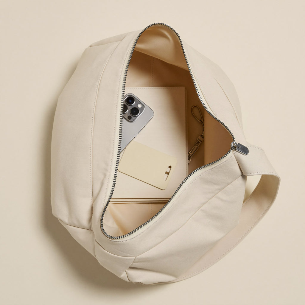 The Mini Slouch open showing minimalist essentials — phone, card, keys