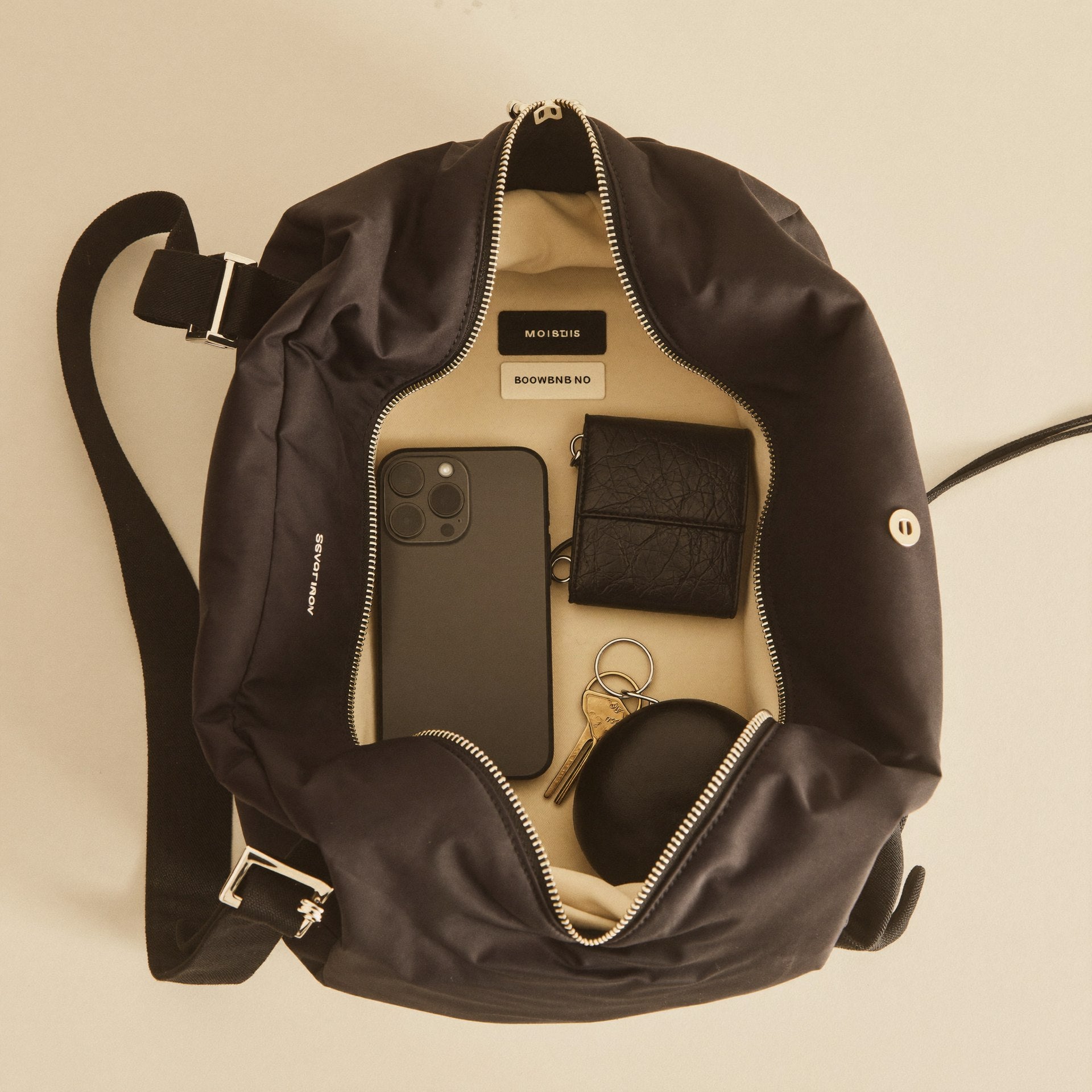 The Shoulder Bag open showing organized interior pockets and essentials