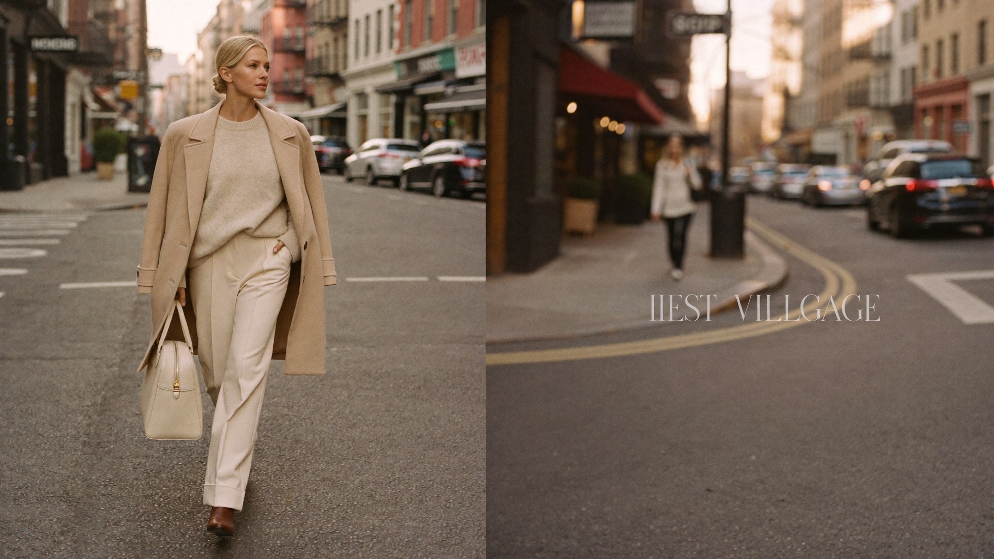 Sarah walking NYC street with Bowryn Tote in cream nylon - hero slideshow clean