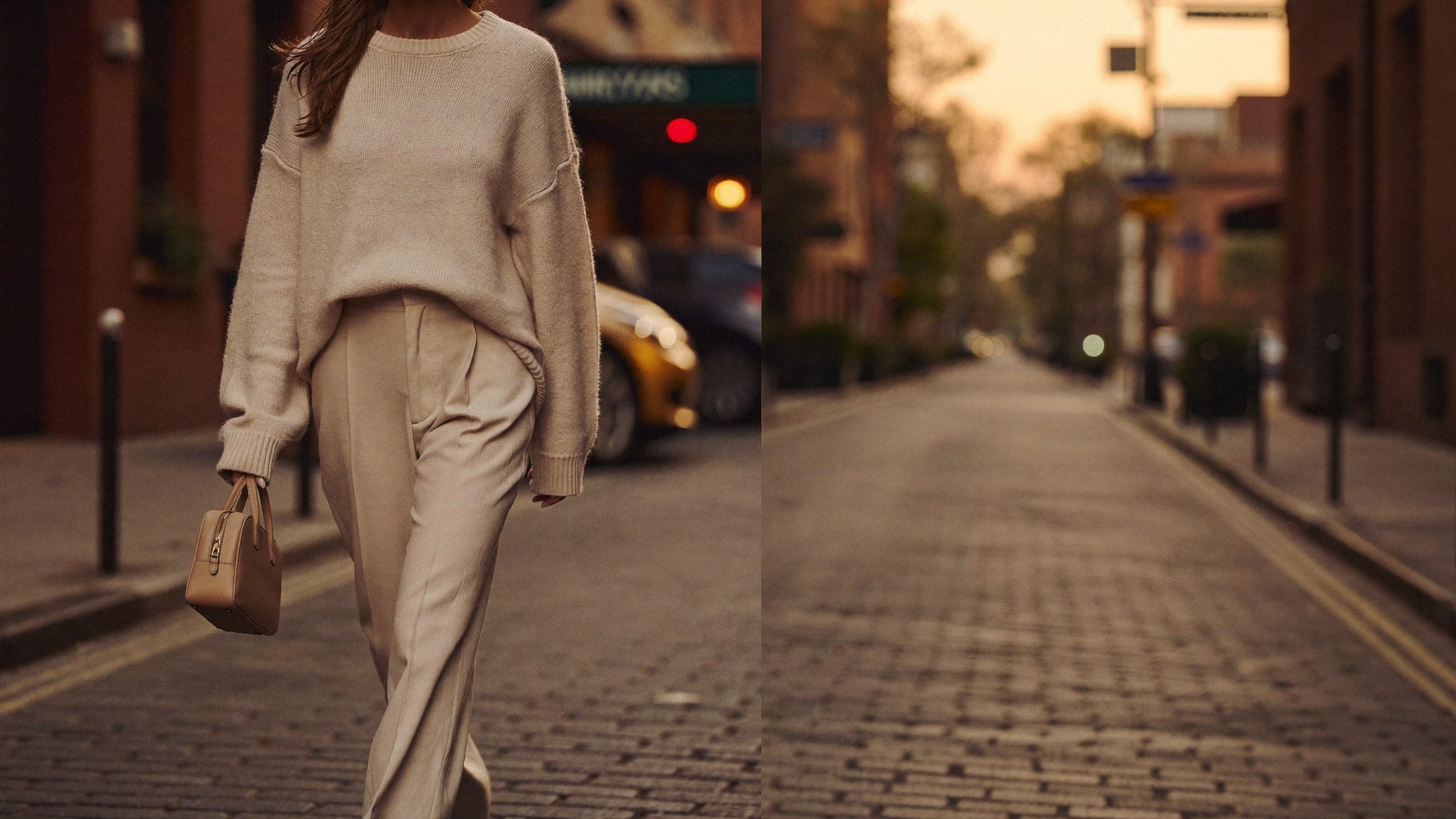 Bowryn Drop 1 hero — Coco walking NYC West Village golden hour with mini slouch bag (clean v1)