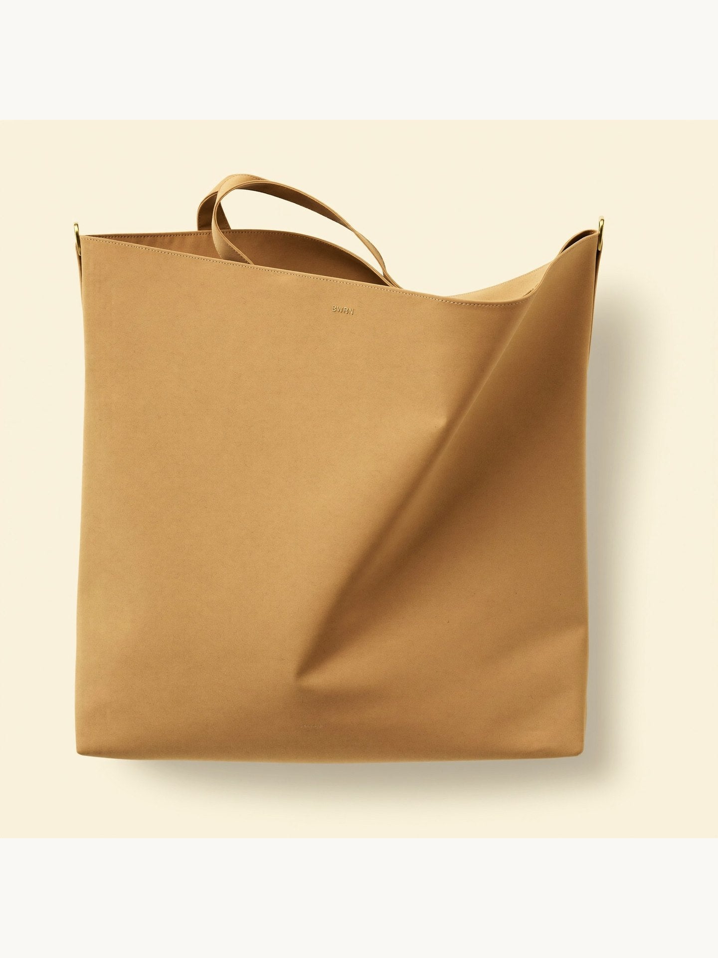 Bowryn The Tote in Camel — premium nylon tote bag with brass hardware